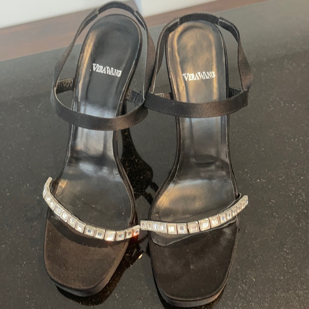 Vera Wang Black Satin Rhinestones Evening Heels